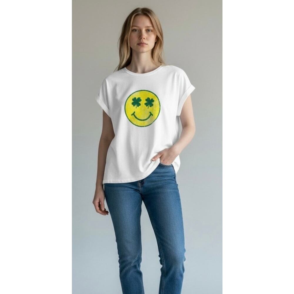 Self Contrast Lucky Smiley Graphic Tee White Cotton Top Large NWT